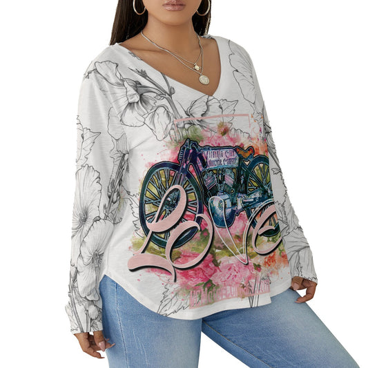 V-Twin Valentine Women's V-neck T-shirt With Curved Hem (Plus Size) Virginia City Motorcycle Company Apparel in Nevada USA
