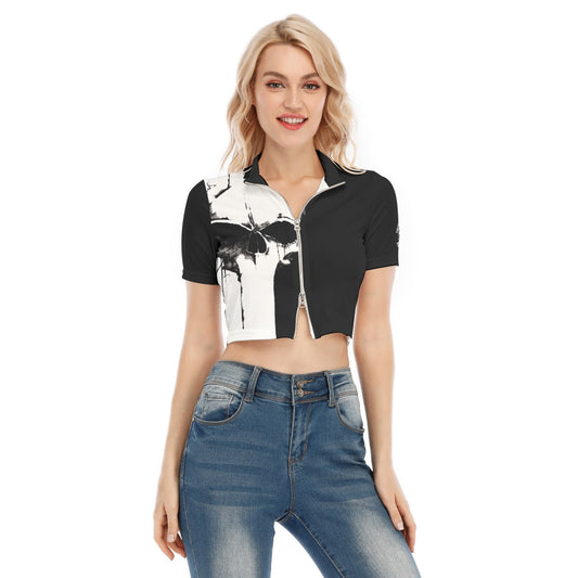 Black and White Skull Zipper Crop Top Virginia City Motorcycle Company Apparel in Nevada USA
