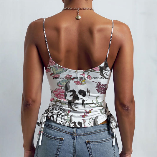 Skull and Flowers Women's Drawstring Camisole Virginia City Motorcycle Company Apparel in Nevada USA