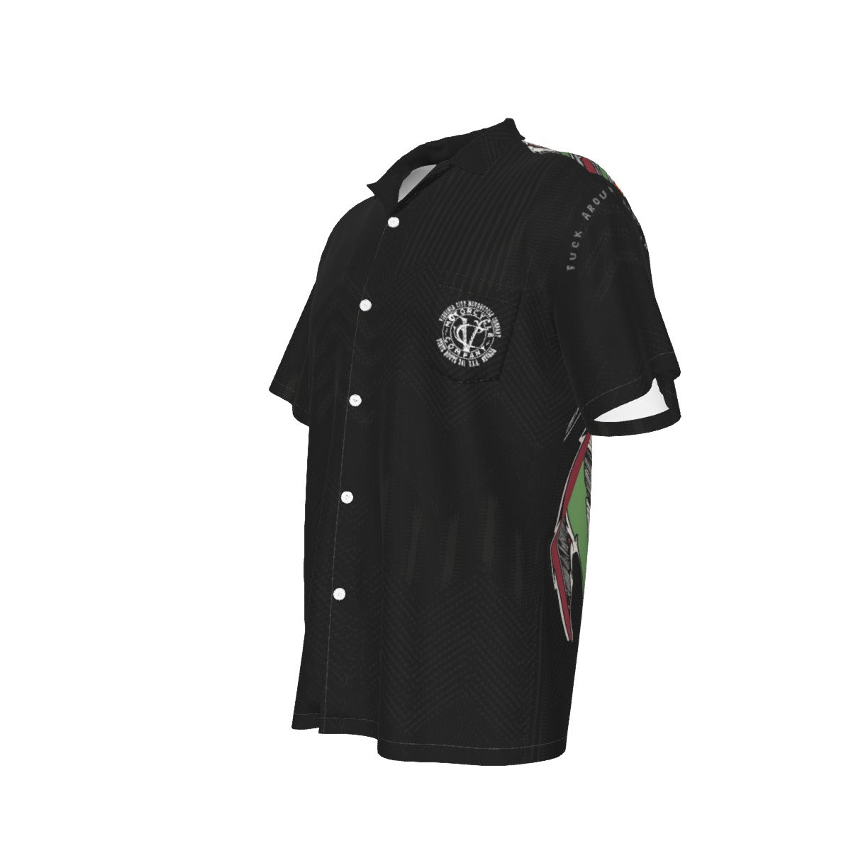 VCMCo. Indian Chief Men's Hawaiian Short Sleeve Shirt angled front view with company logo