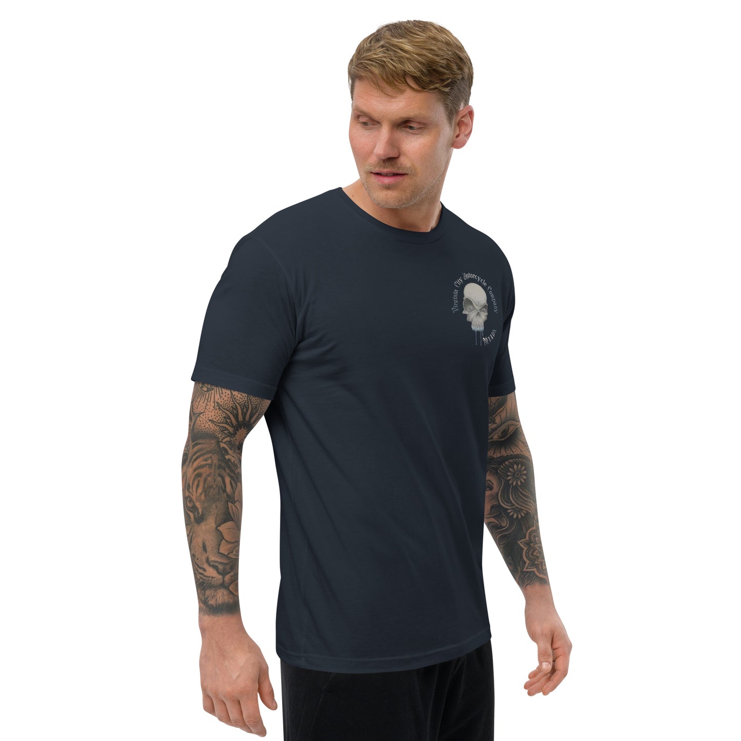 ight front angle of VCMCo. Toxic Victorian skull biker t-shirt in Midnight Navy — Nevada skull motorcycle shirt made on demand