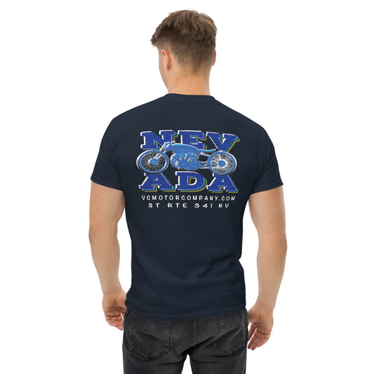 Nevada Blue & Grey Motorcycle Men's heavyweight t-shirt Men's T-Shirt Virginia City Motorcycle Company Apparel in Nevada USA