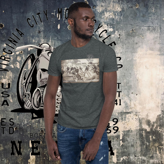 Turn One Short-Sleeve Vintage Dirt Bike Race T-Shirt Men's T-Shirt Virginia City Motorcycle Company Apparel in Nevada USA