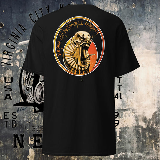 Clown Series #2 men's black biker graphic tee — back view | Skull motorcycle shirt by VCMCo