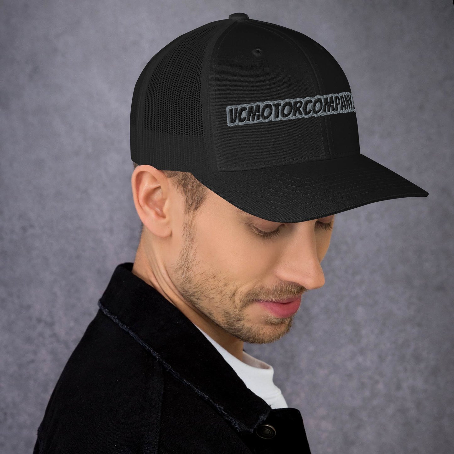 VCMCo. Trucker Cap in Black — Right Side View | Virginia City Motorcycle Company Adjustable Mesh Cap