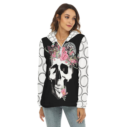 Skull + Flower - Women's Fuzzy Fleece Hoodie With Half Zip Hoodie Virginia City Motorcycle Company Apparel
