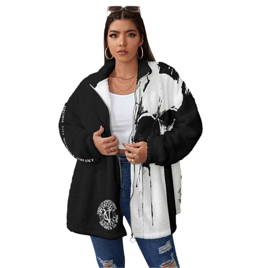 Black and White Skull - Oversize Fuzzy Fleece Zip Up (Plus Size) Hoodie Virginia City Motorcycle Company Apparel