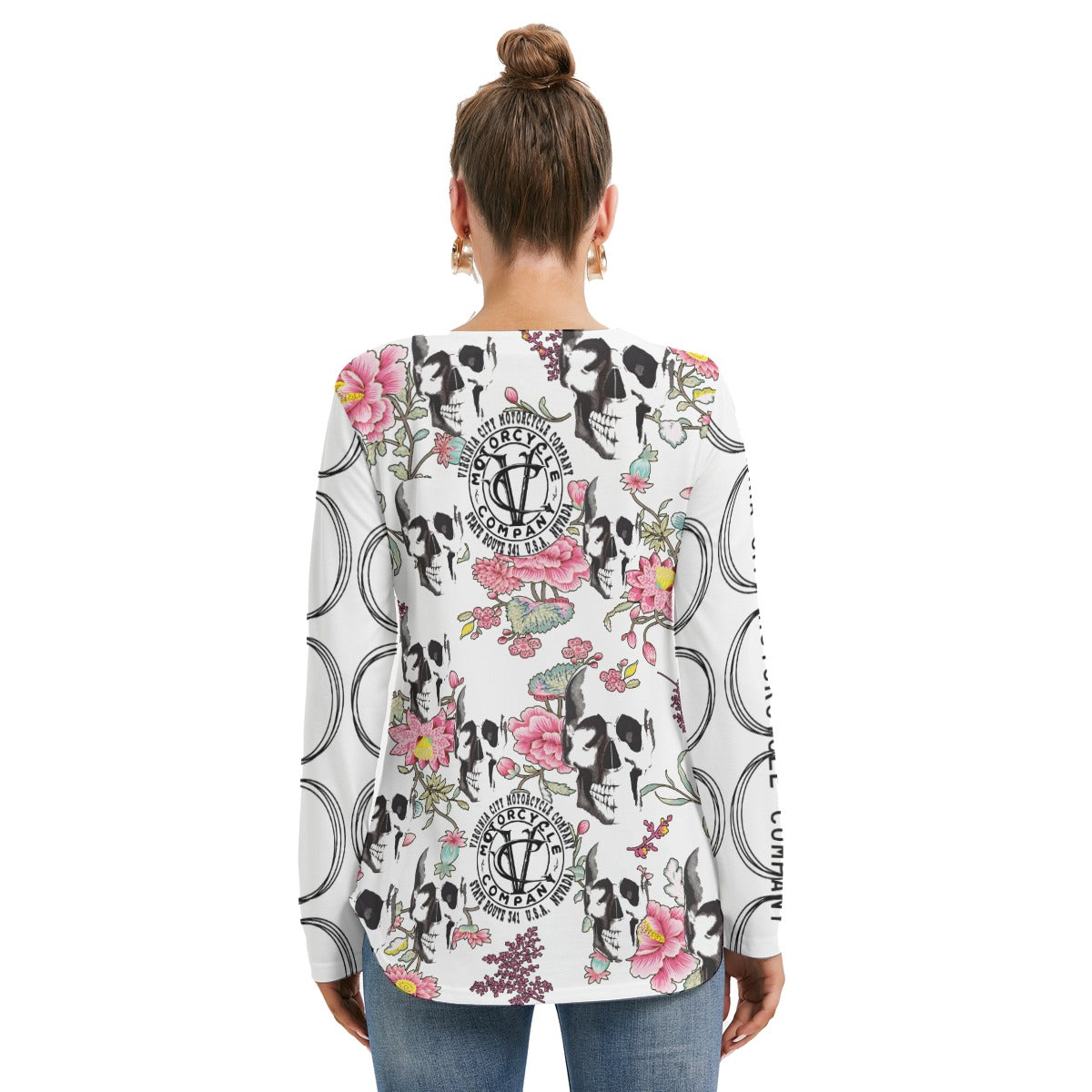 Skull + Flower Women's Long Sleeve Shirt Virginia City Motorcycle Company Apparel in Nevada USA