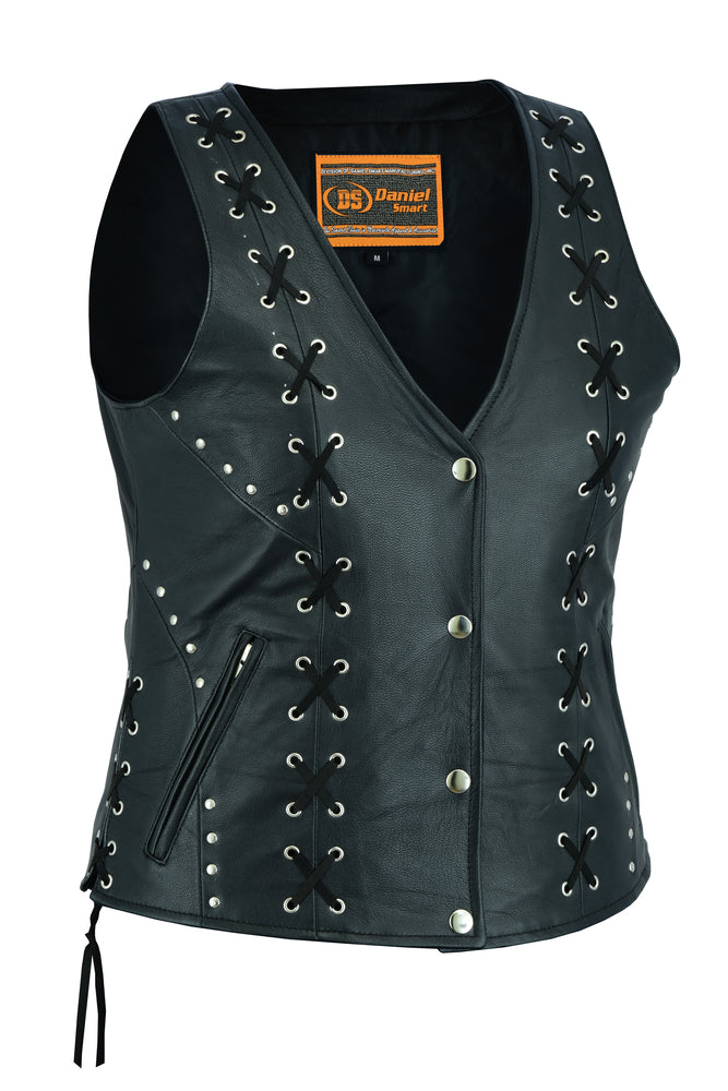 Women's Black Leather Sleeveless Motorcycle Jacket / Vest #LS13090K - Jamin  Leather®