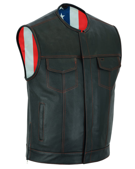 DS155 Men's Leather Vest with Red Stitching and USA Inside Flag Linin Men's Vests Virginia City Motorcycle Company Apparel 
