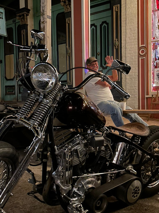 Gary Buckley with his custom built bike in Virginia City, Nevada