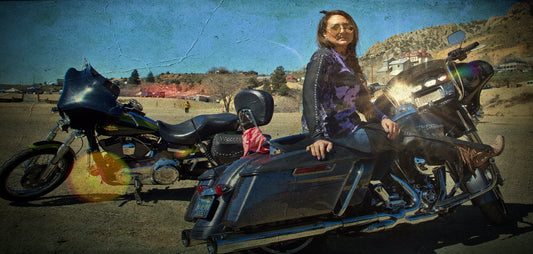 Tami on a Harley at the fairgrounds in Virginia City, NV
