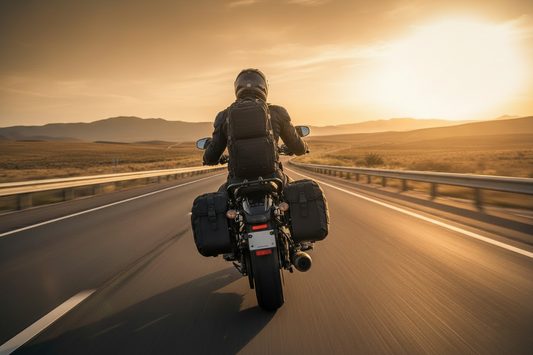 Viking Bags saddlebags and backpack on a rider on the highway