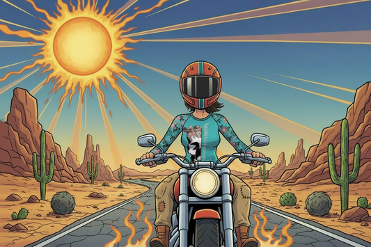 Comic-style cartoon of a woman riding a motorcycle through a hot desert in a teal Virginia City Motorcycle Company skull and flower mesh rash guard and helmet, with cacti and blazing sun in the background