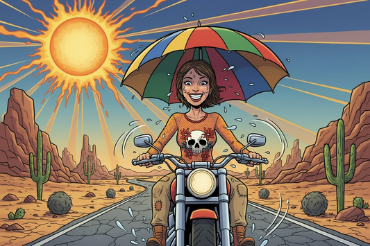 Cartoon woman rider wearing an umbrella hat on a motorcycle on a sunlit Nevada desert road.