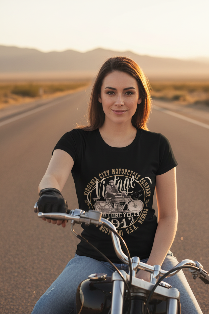 Women wearing original artist-designed motorcycle apparel in Virginia City, Nevada — skull tops, hoodies, and riding gear made for women who ride.