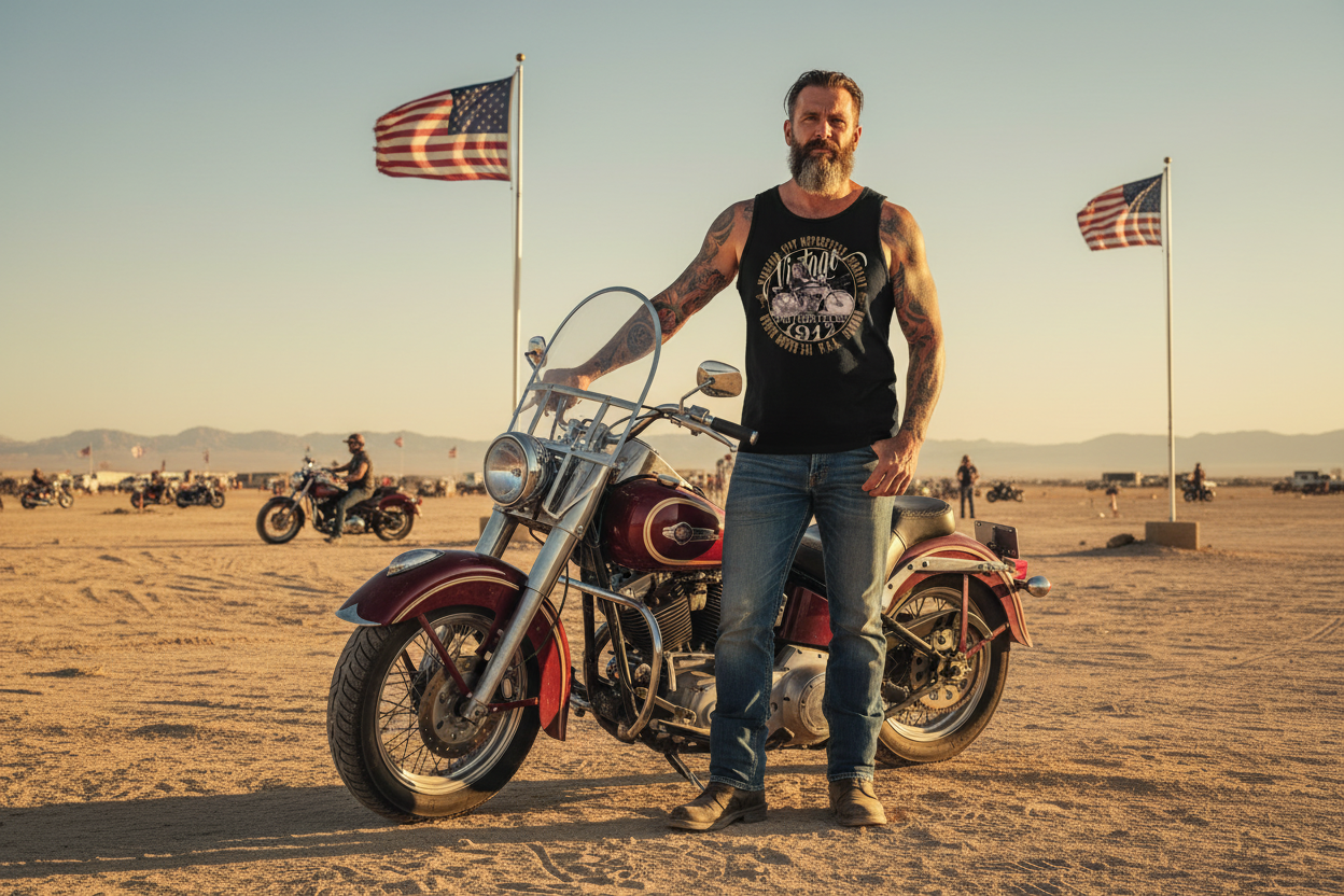 1912 Thor Motorcycle Men's Muscle Tank — Lifestyle Rally Shot