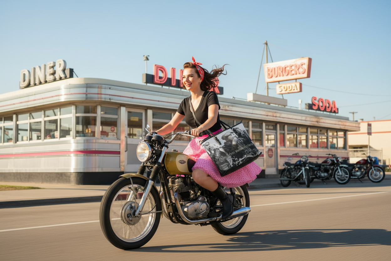 1950s woman riding cafe racer with tote bag past diner