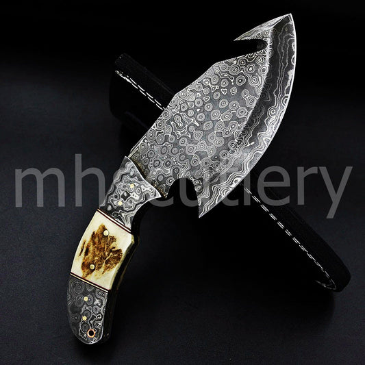 Handmade Skinner Raindrop Damascus Steel Gut hook Knife With Antler Handle