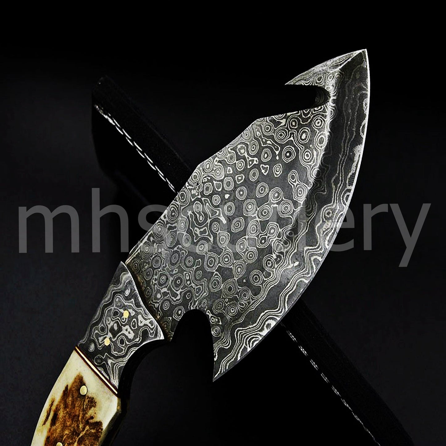 Handmade Skinner Raindrop Damascus Steel Gut hook Knife With Antler Handle