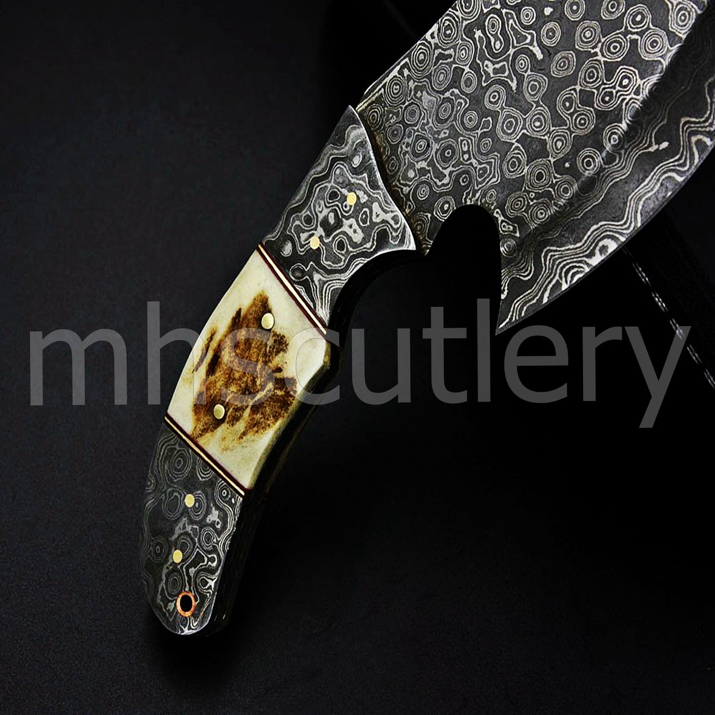 Handmade Skinner Raindrop Damascus Steel Gut hook Knife With Antler Handle