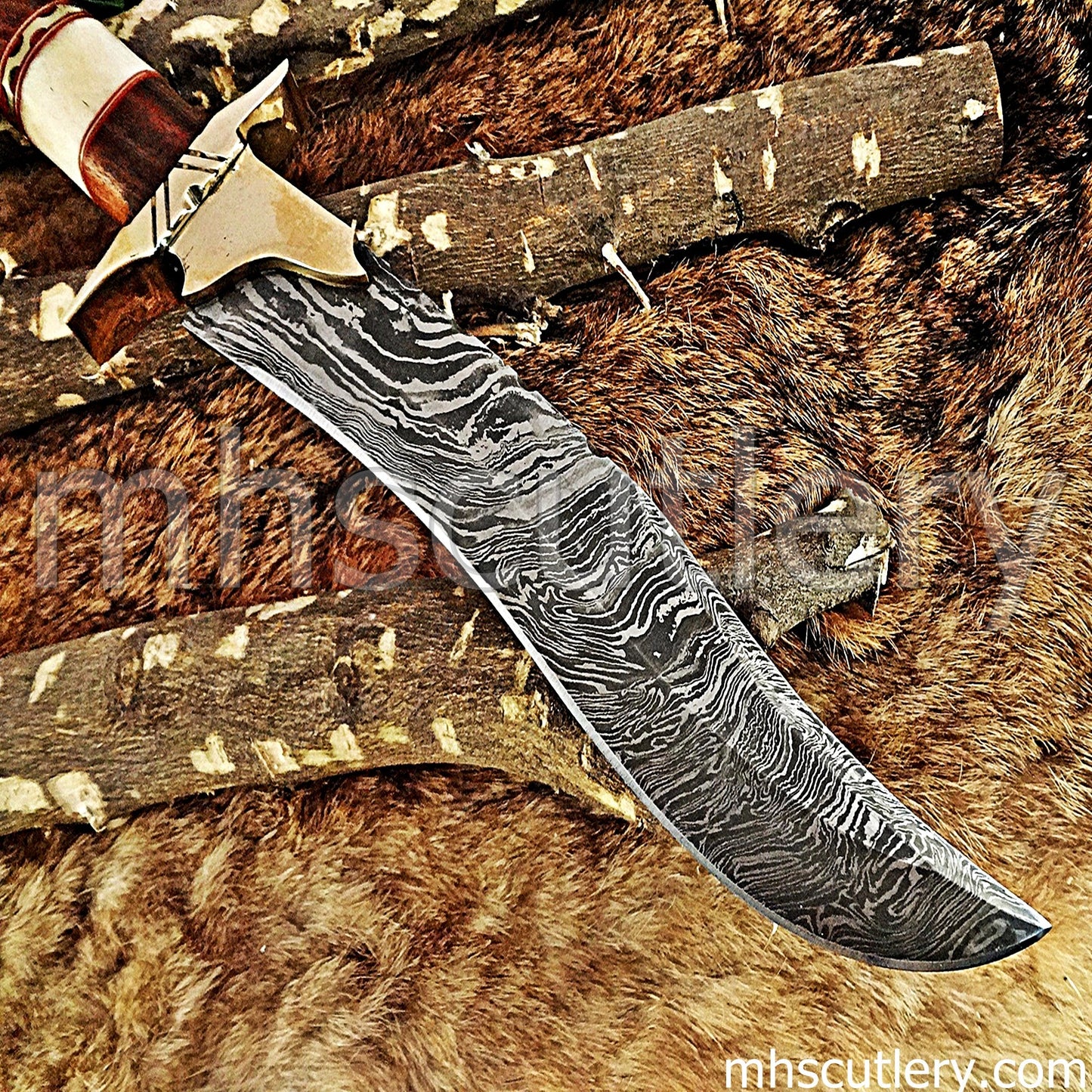 Custom Made Damascus Steel Hunter Bowie Knife With Brass Clip