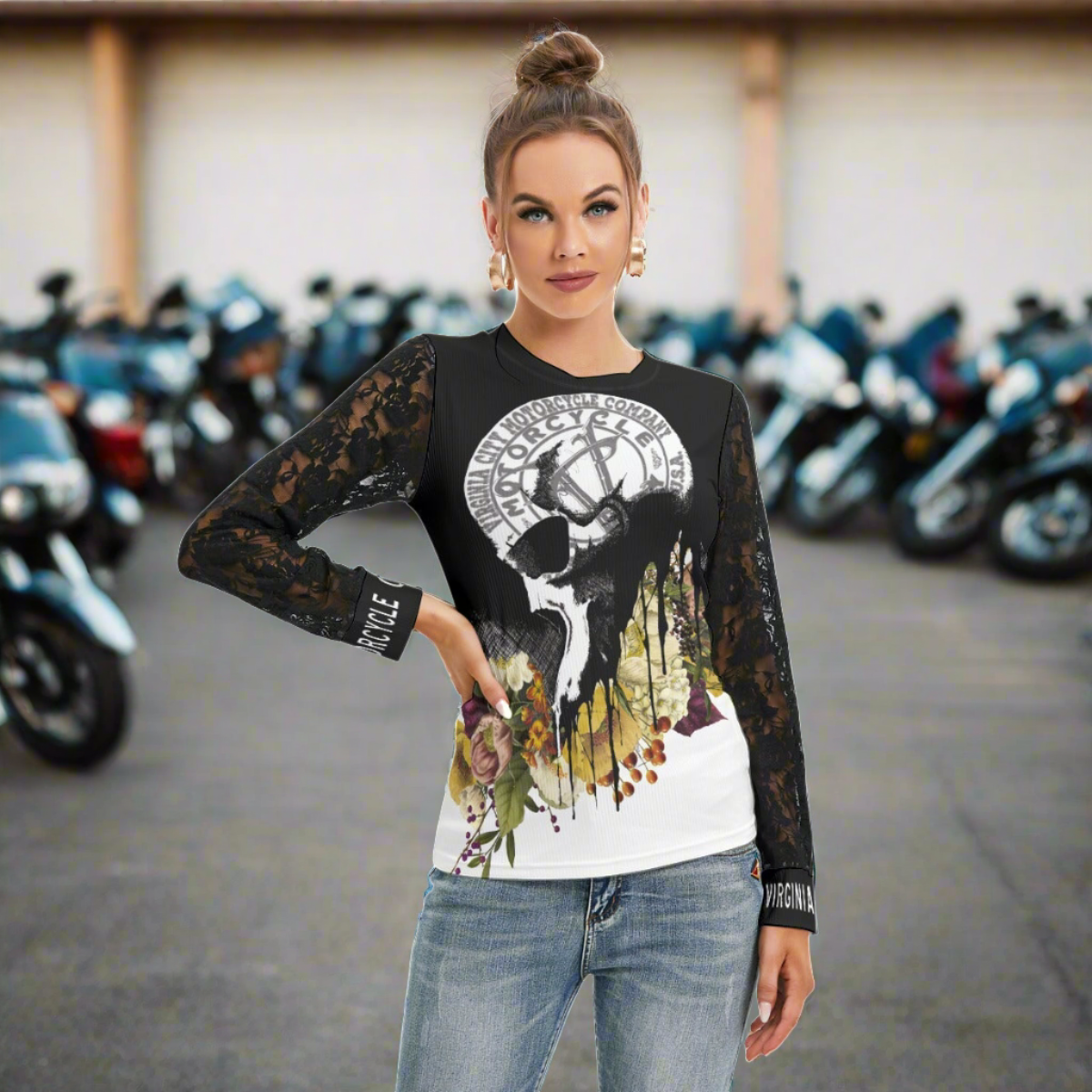 Black and Flower Skull T-Shirt with Lace Arms