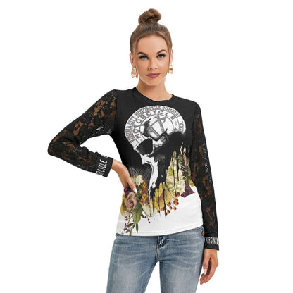 Black and Flower Skull T-Shirt with Lace Arms Ladies T-Shirt Virginia City Motorcycle Company Apparel 
