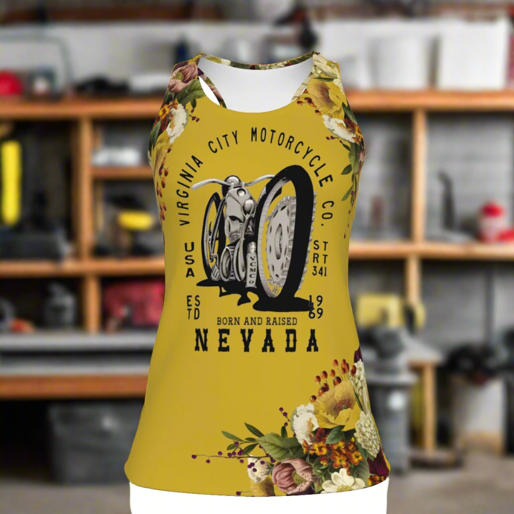 Yellow BAR NV Women's Tank Top Women's Shirts Virginia City Motorcycle Company Apparel in Nevada USA