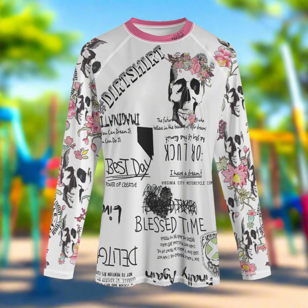 Girl's Pink Flower Skull #dirtshirt T-Shirt vcgp Virginia City Motorcycle Company Apparel in Nevada USA