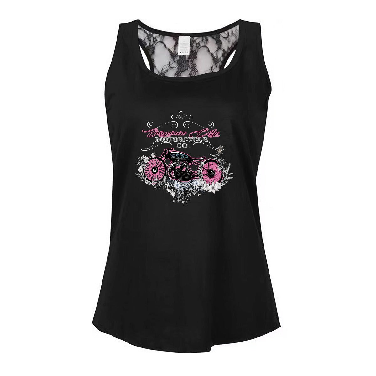 Black Beauty Women's Lace Back Tank  Virginia City Motorcycle Company Apparel in Nevada USA