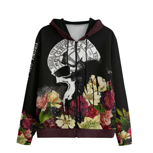 Black and Flower Skull Ladies Cotton Zip Up Hoodie Hoodie Virginia City Motorcycle Company Apparel 