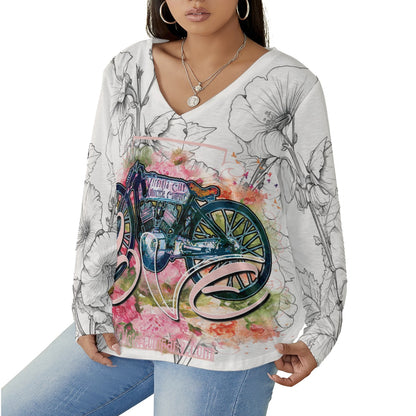 V-Twin Valentine Women's V-neck T-shirt With Curved Hem (Plus Size)  Virginia City Motorcycle Company Apparel in Nevada USA