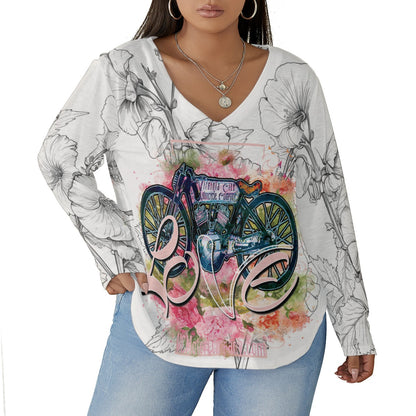 V-Twin Valentine Women's V-neck T-shirt With Curved Hem (Plus Size)  Virginia City Motorcycle Company Apparel in Nevada USA