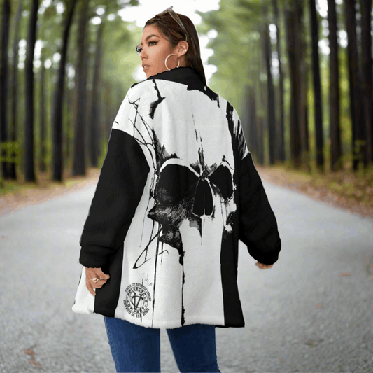 Black and White Skull - Oversize Fuzzy Fleece Zip Up (Plus Size)