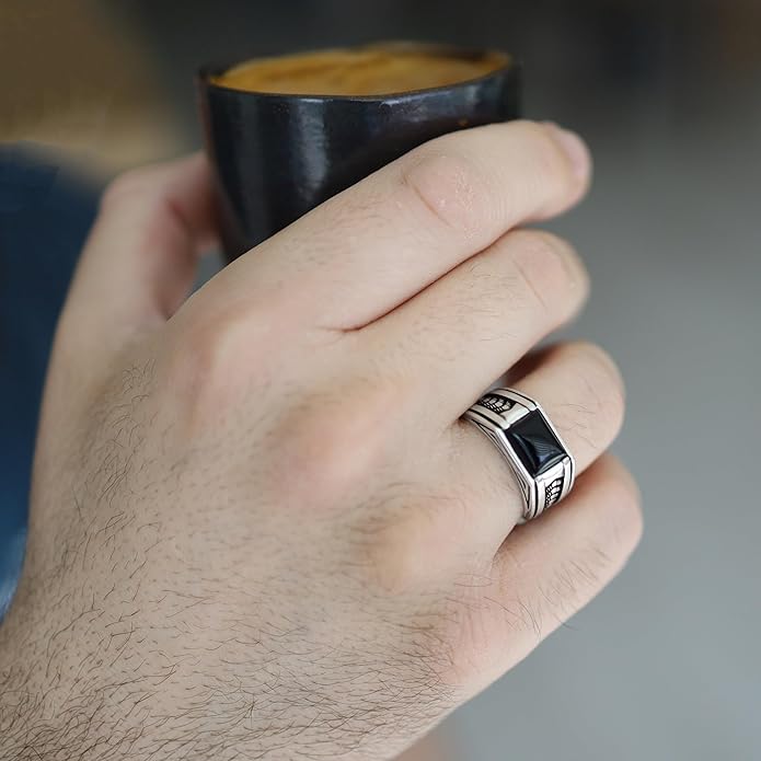 Chimoda Arrow Pattern Sterling Silver Ring for Men Onyx Stone