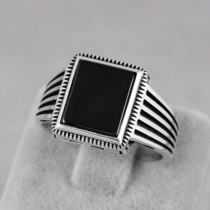 Chimoda Striped Pattern Sterling Silver Ring for Men Onyx Stone