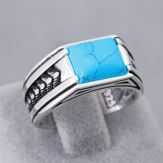 Chimoda Arrow Pattern Sterling Silver Ring for Men Turquoise Stone