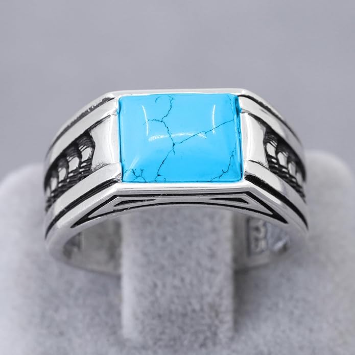 Chimoda Arrow Pattern Sterling Silver Ring for Men Turquoise Stone