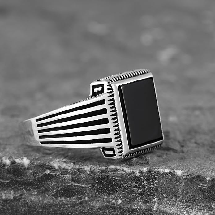 Chimoda Striped Pattern Sterling Silver Ring for Men Onyx Stone