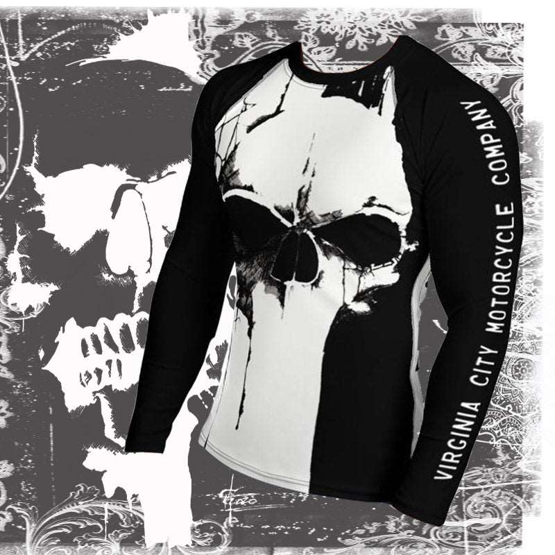 Black and White Skull Long Sleeve Men's Rash Guard Shirt