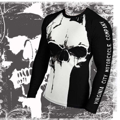 Black and White Skull Long Sleeve Men's Rash Guard Shirt Men's Shirts Virginia City Motorcycle Company Apparel in Nevada USA