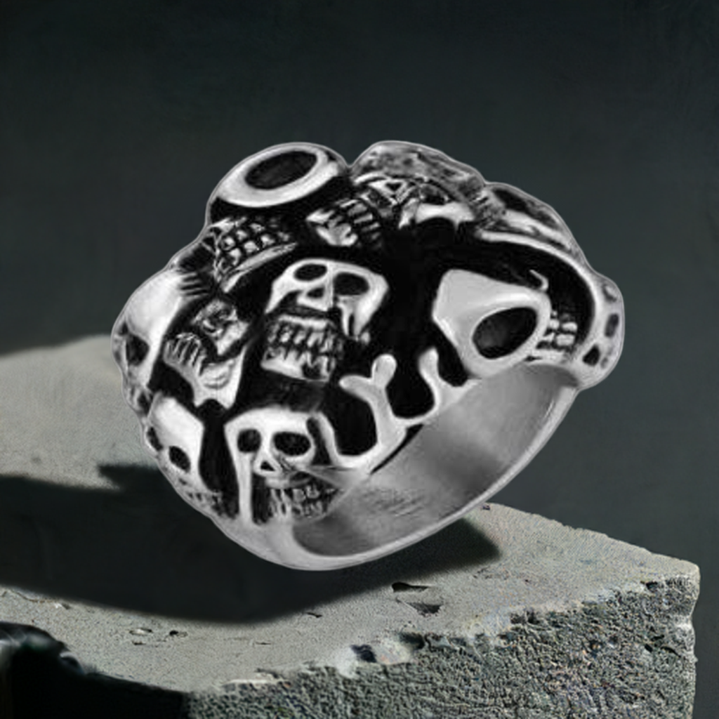 R146 Stainless Steel Many Faces Skull Biker Ring