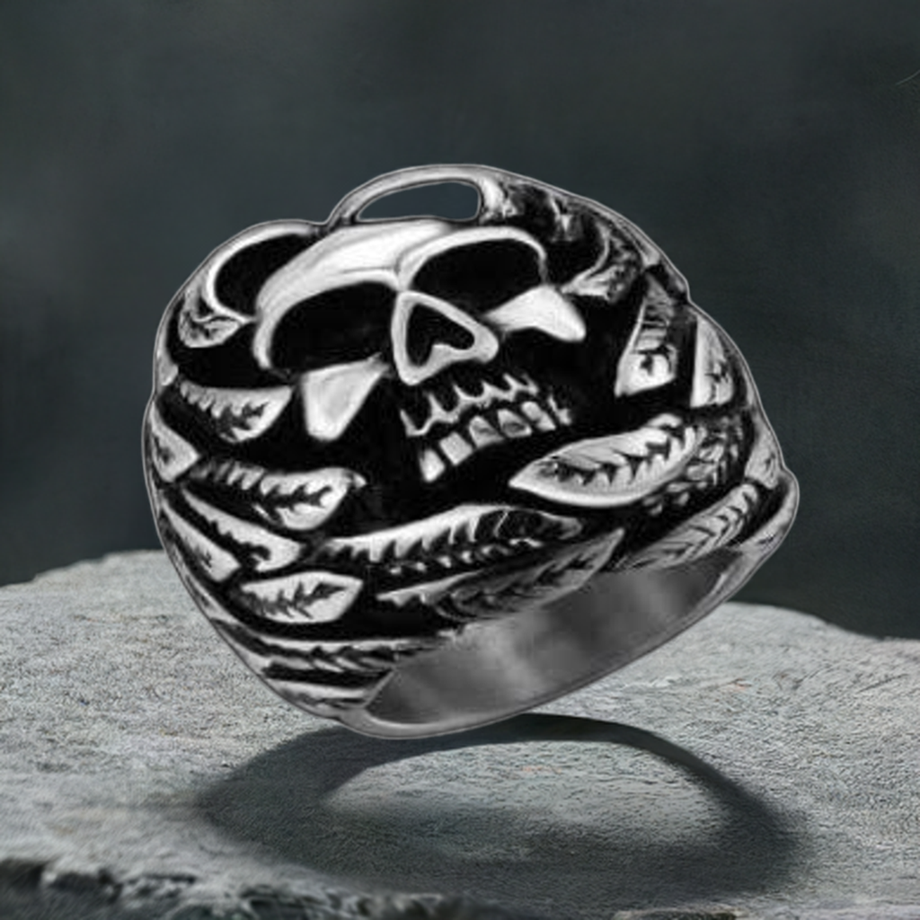 R141 Stainless Steel Feather Face Skull Biker Ring