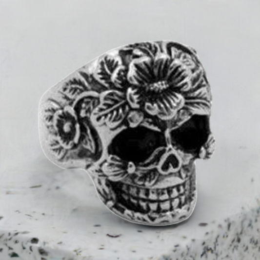 R111 Stainless Steel Flower Face Skull Biker Ring