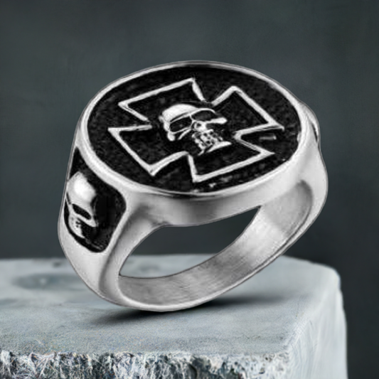 R121 Stainless Steel Iron Cross Skull Biker Ring