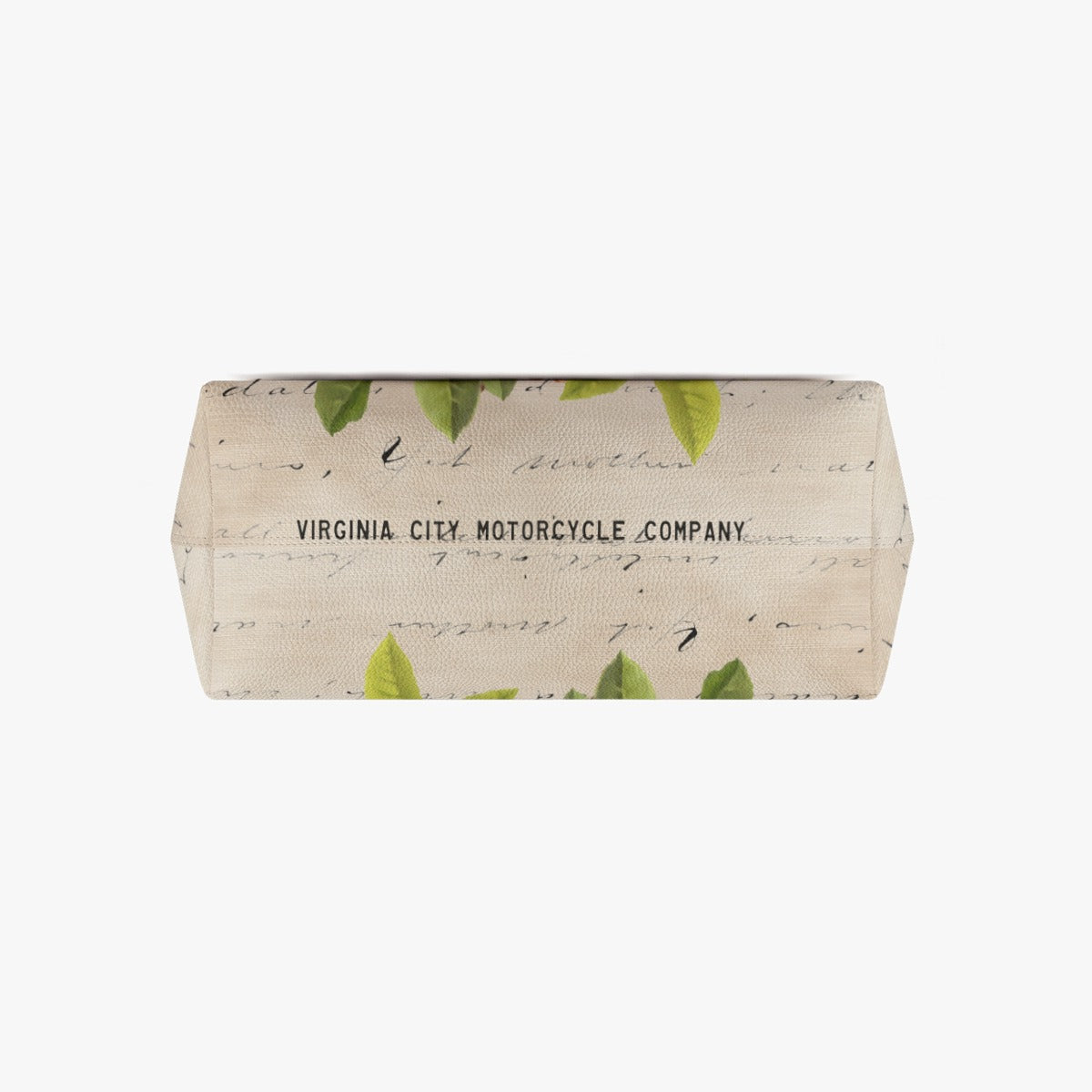 A rectangular beige canvas pouch with a green leaf pattern and black cursive script, featuring the text 'VIRGINIA CITY MOTORCYCLE COMPANY' printed on the front, set against a plain white background.