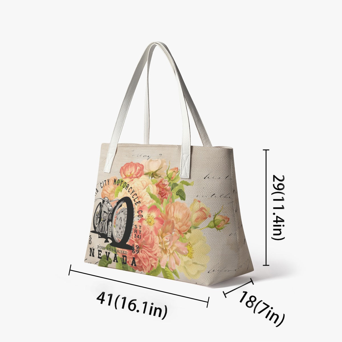 A tote bag with floral and vintage motorcycle print, shown with dimension lines indicating measurements of 41 inches by 18 inches by 29 inches against a light gray background.