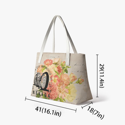A tote bag with floral and vintage motorcycle print, shown with dimension lines indicating measurements of 41 inches by 18 inches by 29 inches against a light gray background.