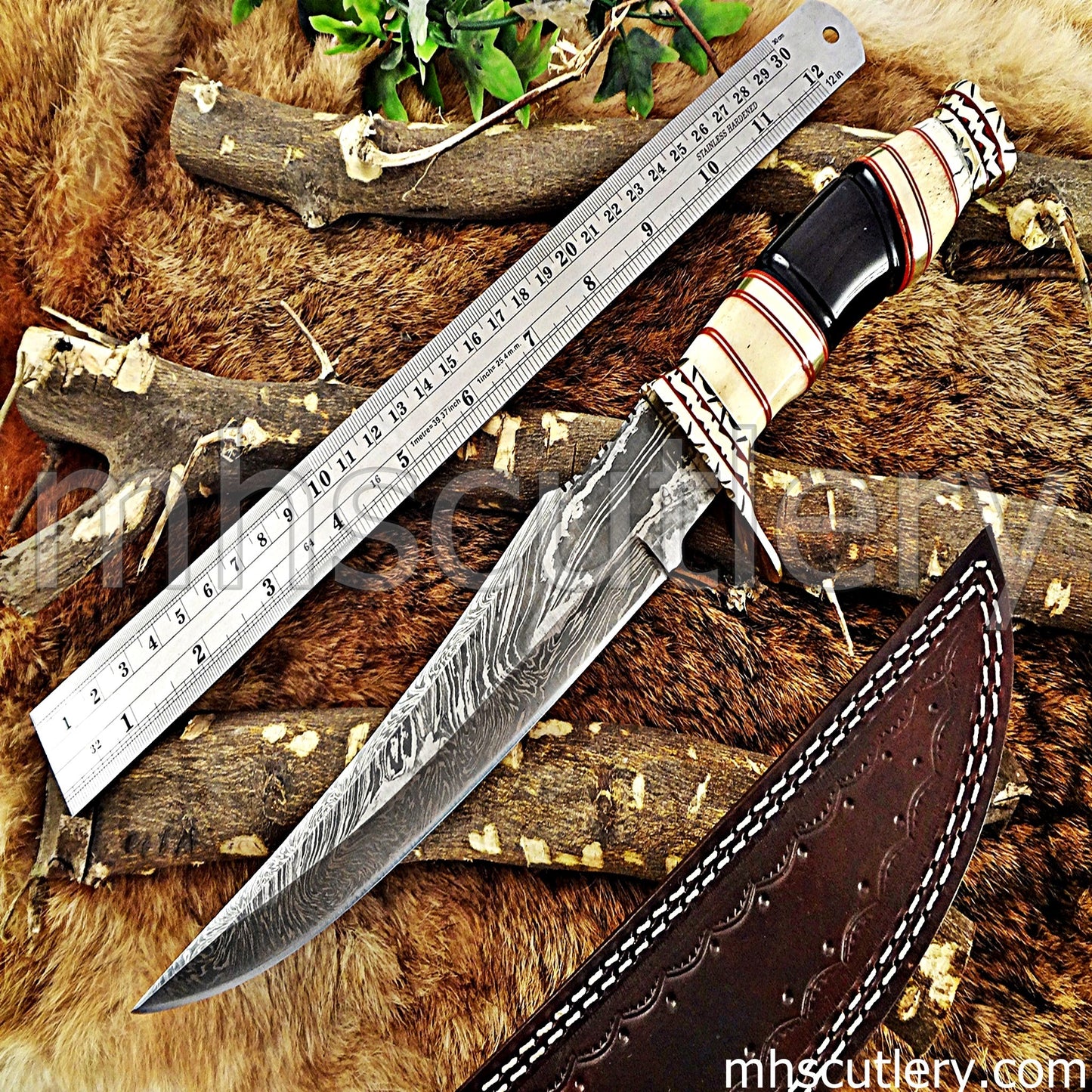 Damascus Steel Hunting Bowie Knife / Natural Handle